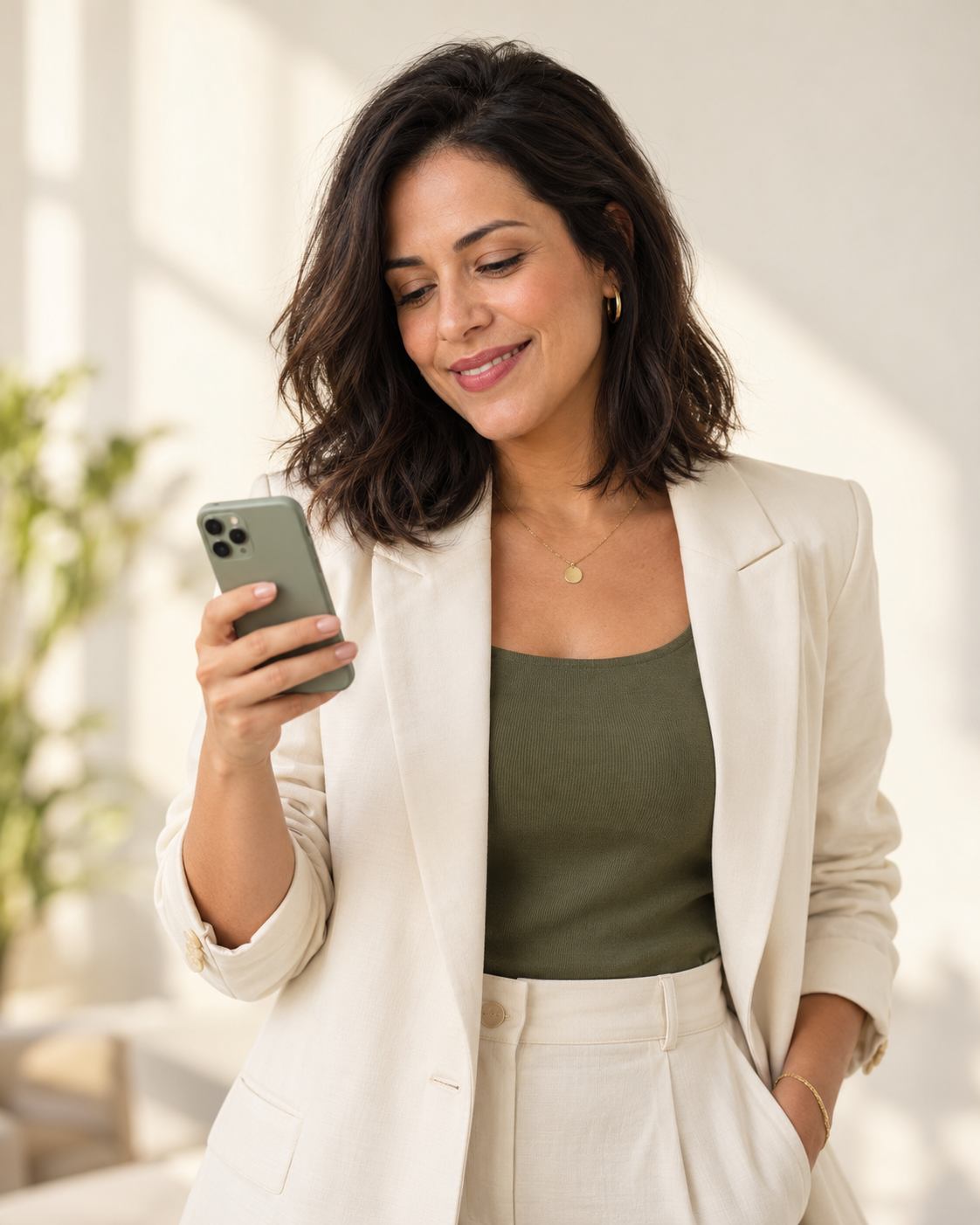 Mulher com smartphone na mão, sorrindo ao ler uma mensagem
