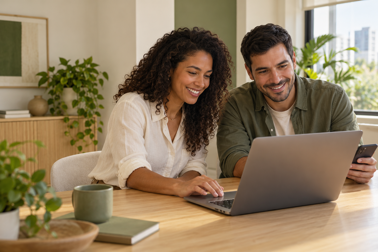 Duas pessoas colaborando no atendimento pelo notebook e smartphone